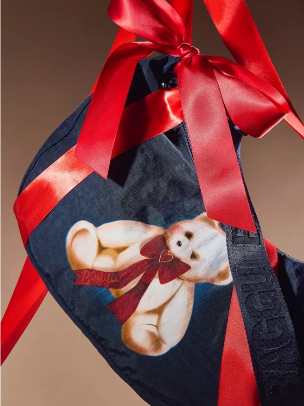 BAGGU Navy Crossbody Bag with Red Ribbon and Teddy Print
